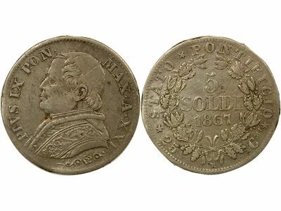 Etat Pontifical Pie IX - 5 Soldi Argent - 1867 R Rome An XXI