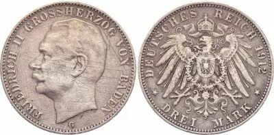 Etats-Allemands (Bade) 3 Mark Fr�d�ric II - 1912 G