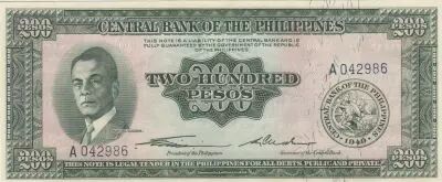 Filipinas 200 Pesos - Manuel Quezon - 1949 - Series A