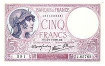 France  5 Francs Modified helmeted woman - 02.11.1939 - Serial J.65762 - Fay.4.14