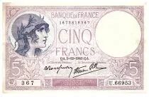 France  5 Francs Modified helmeted woman - 05-12-1940- Serial U.66953 - F.04.16