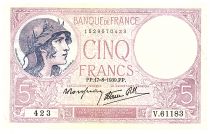 France  5 Francs Modified helmeted woman - 17-08-1939- Serial V.61183 - F.04.06