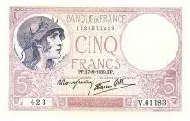 France  5 Francs Modified helmeted woman - 17-08-1939- Serial V.61183 - F.04.06