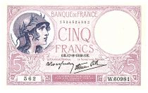 France  5 Francs Modified helmeted woman - 17.08.1939 - Serial W.60981 - F.4.6