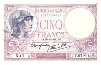 France  5 Francs Modified helmeted woman - 26-12-1940- Serial V.67911 - F.04.18
