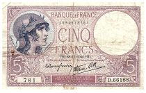 France  5 Francs Modified helmeted woman - 28.11.1940- Serial D.66188 - F.04.15