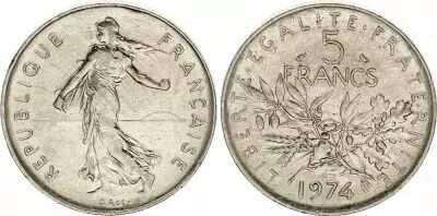 France  5 Francs Woman sowing seed - KM.926a - 1974