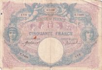 France  50 Francs - Blue and Rose - 14-06-1917 - Serial E.7489 - P.64