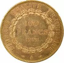 France  Genius - 100 Gold Francs, Libert&eacute; Egalit&eacute; Fraternit&eacute; - 1908 A Paris