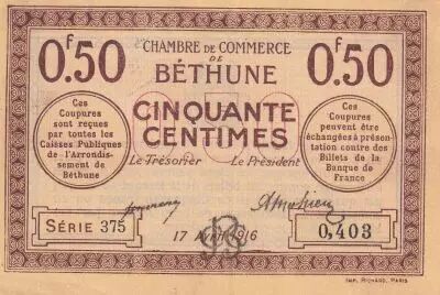 France 0.25 cents - Chamber of Commerce of B�thune - 17-04-1916 - Serial 375