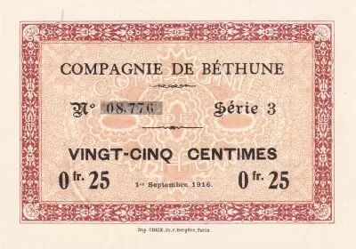 France 0.25 cents - Company of B�thune - 01-09-1916 - Serial 3