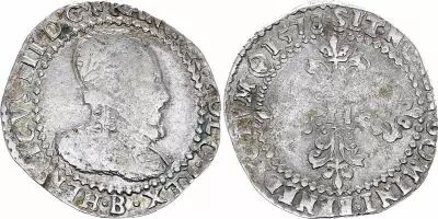 France 1/2 Franc, Henri III  Col Plat - 1578 B Rouen - Argent - TB