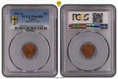 France 1 Centime Napol�on III - T�te Laur�e -1862 K - PCGS MS 64