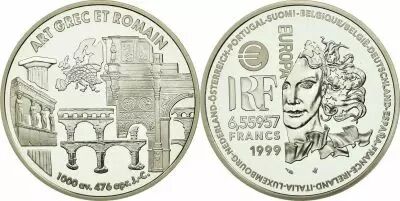 France 1 Euro - 6,55957 Francs - Greek and Roman art - 1999 - Silver - with certificat