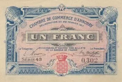 France 1 Franc - Annonay Chamber of Commerce - 22-02-1917 - Serial 43