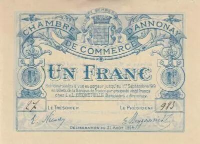 France 1 Franc - Annonay Chamber of Commerce - 31-08-1914 - Serial 27