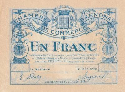 France 1 Franc - Annonay Chamber of Commerce - August 31, 1914 - Unissued