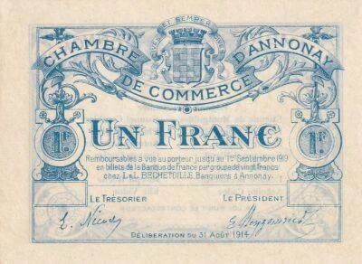 France 1 Franc - Annonay Chamber of Commerce - August 31, 1914 - Unissued