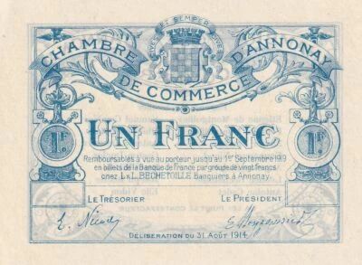 France 1 Franc - Annonay Chamber of Commerce - August 31, 1914 - Unissued