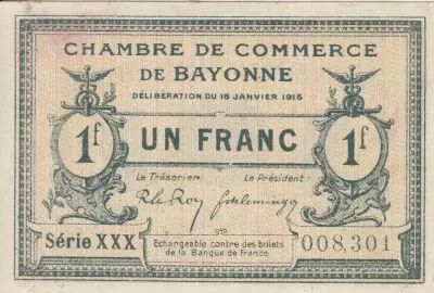 France 1 Franc - Bayonne Chamber of Commerce - 16-01-1915 - Seriel XXX