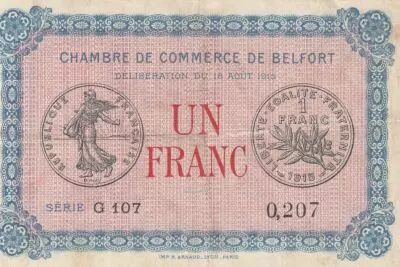 France 1 Franc - Belfort Chamber of Commerce - 18-08-1915 - Serial G.107