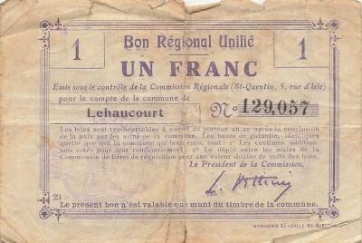 France 1 Franc - Bon R�gional Unifi� - Commune de Lehaucourt