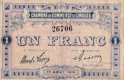 France 1 Franc - Chamber of  Commerce - Limoges  17-08-1914
