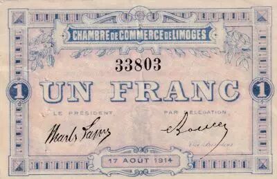 France 1 Franc - Chamber of  Commerce - Limoges  17-08-1914