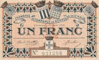France 1 Franc - Chamber of  Commerce de Rennes et Saint-Malo - 1915