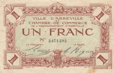 France 1 Franc - Chamber of Commerce - Abbeville - ND (1914-1925)