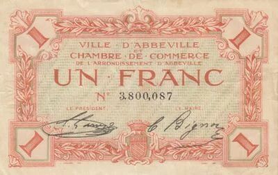 France 1 Franc - Chamber of Commerce - Abbeville - ND (1914-1925)