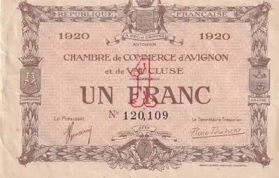 France 1 Franc - Chamber of Commerce - Avignon - 1920
