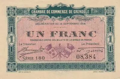 France 1 Franc - Chamber of Commerce - Grenoble - 14-09-1916 - Serial 180