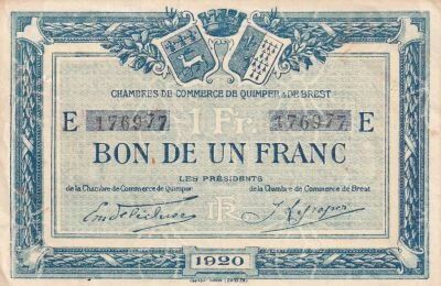 France 1 Franc - Chamber of Commerce - Quimper and Brest - 1920 - Serial E