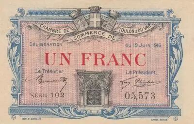 France 1 Franc - Chamber of Commerce - Toulon - 19-06-1916 - Serial 102