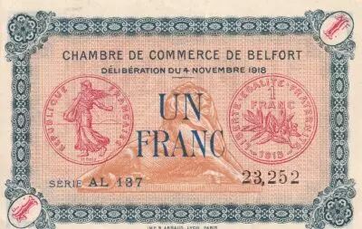 France 1 Franc - Chambre de Commerce - Belfort - S�rie AL 137 - 04-11-1918