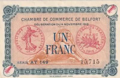 France 1 Franc - Chambre de Commerce - Belfort - S�rie AY 149 - 04-11-1918