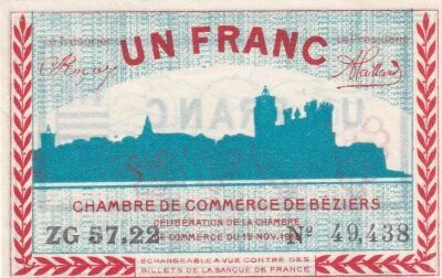 France 1 Franc - Chambre de Commerce - B�ziers - 1918 - S�rie ZG 57.22