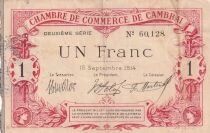 France 1 Franc - Chambre de Commerce - Cambrai  - 15-09-1914 - 2&egrave;me S&eacute;rie