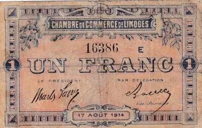France 1 Franc - Chambre de Commerce - Limoges  17-08-1914 - S�rie E