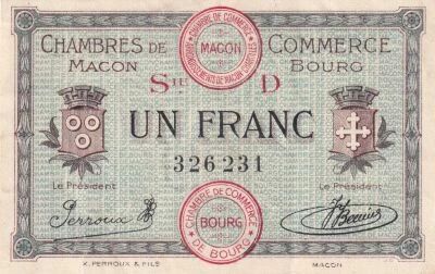 France 1 Franc - Chambre de Commerce - Macon - Bourg - 1917 - S�rie D