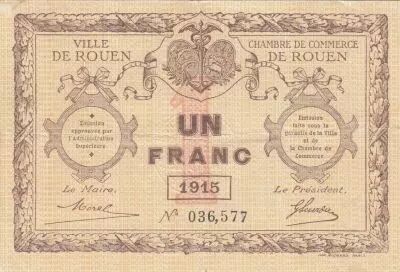 France 1 Franc - Chambre de commerce - Rouen - 1915 - Serial 036