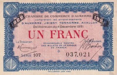 France 1 Franc - Chambre de Commerce d\'Auxerre - 08-12-1921 - S�rie 107