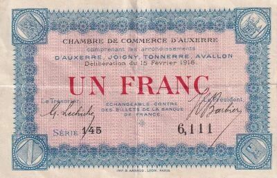 France 1 Franc - Chambre de Commerce d\'Auxerre - 15-02-1916 - S�rie 145
