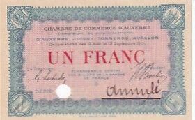 France 1 franc - Chambre de commerce de Auxerre - Serial 125 - 1920