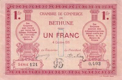 France 1 Franc - Chambre de Commerce de B�thune - 04-10-1915 - S�rie 121