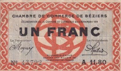 France 1 Franc - Chambre de Commerce de B�ziers - 05-11-1914