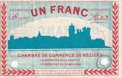 France 1 Franc - Chambre de Commerce de B�ziers - 19-11-1918 - Sp�cimen