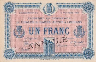 France 1 Franc - Chambre de Commerce de Chalon-sur-Sa�ne, Autun & Louhans - 1916 - ANNUL�