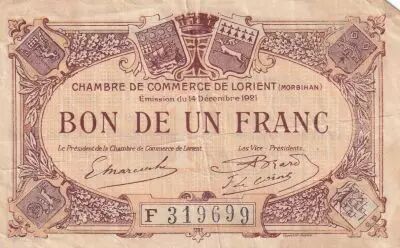 France 1 Franc - Chambre de commerce de Lorient - 1921 - S�rie F